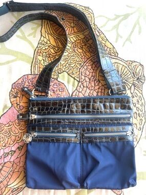 Brighton Navy Nylon Crossbody Bag with Croc Pattern Leather Trim